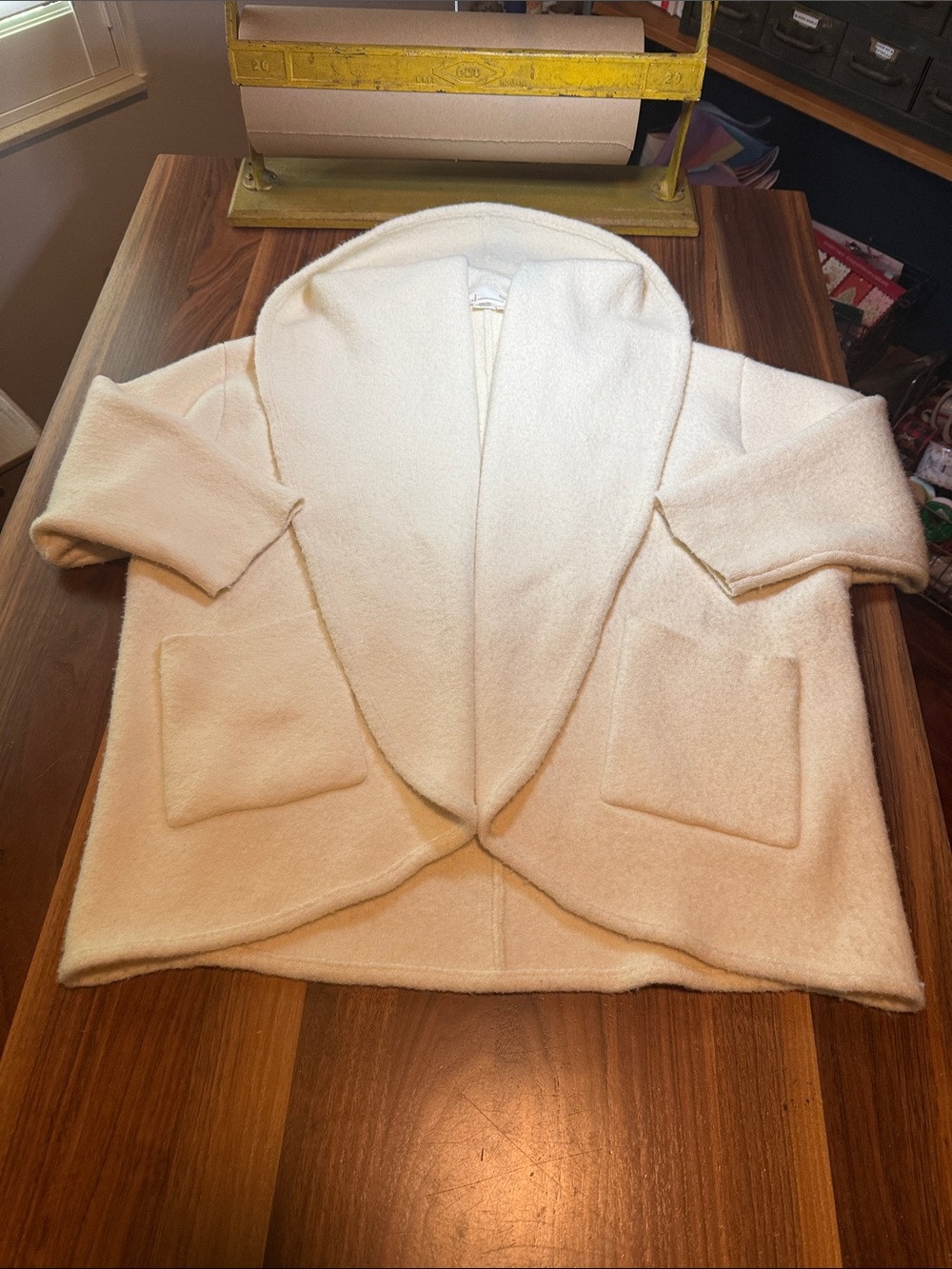 Anthropologie Cozy Wool Women's Cream Open-Front Shawl Collar Coat Size M/L